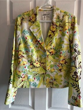 Coldwater Creek Yellow Floral Linen-Blend Blazer with Aqua and Green Accents
